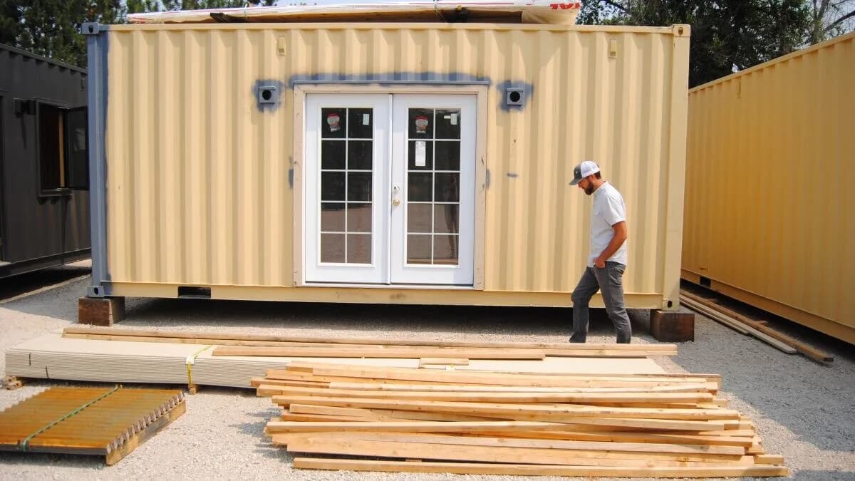 Aerial view of a shipping container home under construction