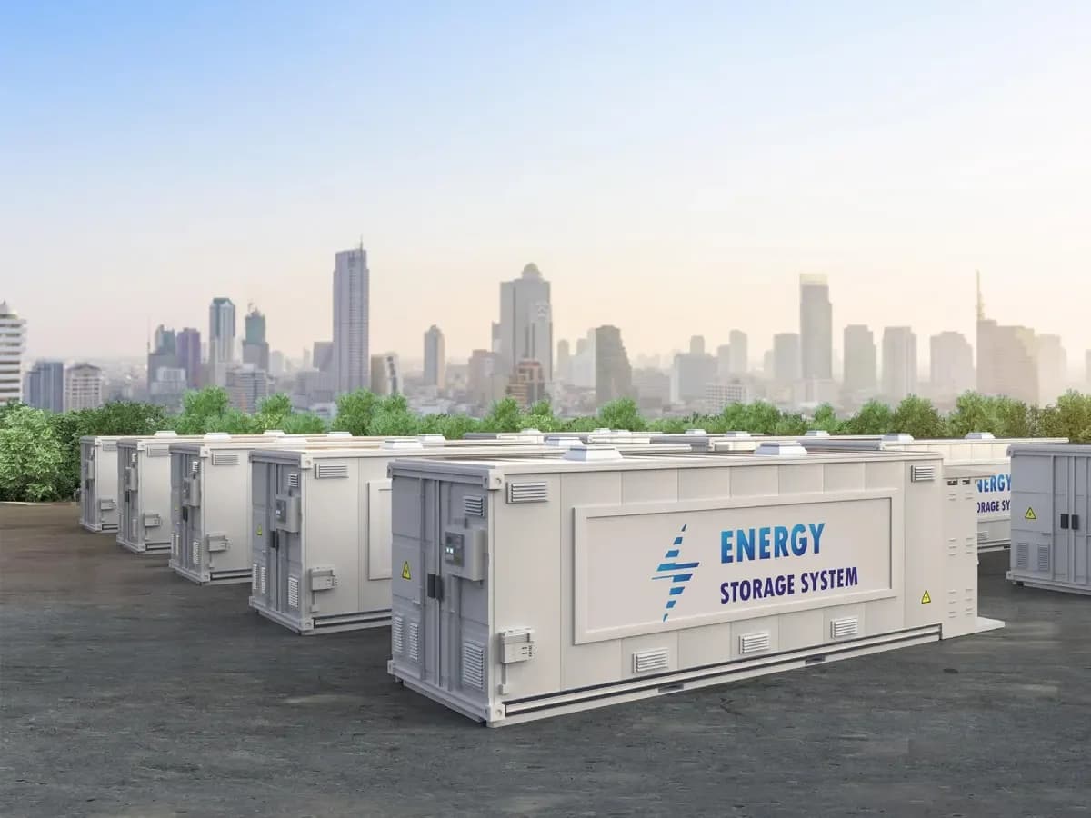 Battery energy storage containers on a rooftop with city skyline behind