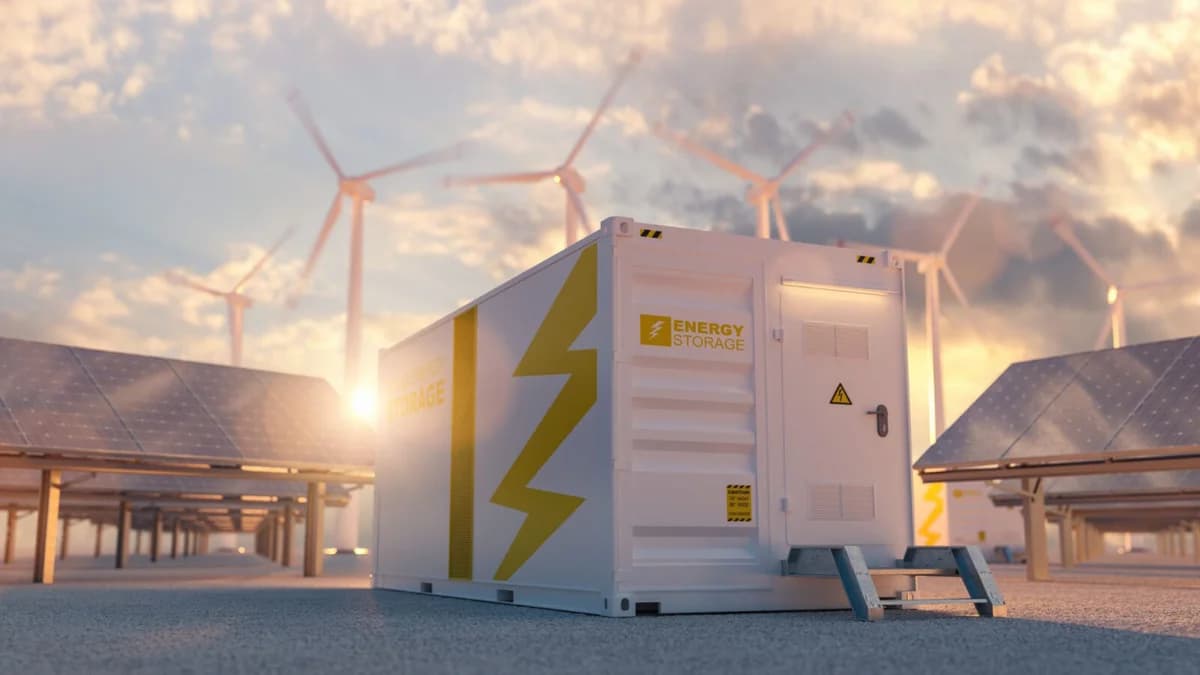 Battery energy storage shipping container with wind turbines at sunset