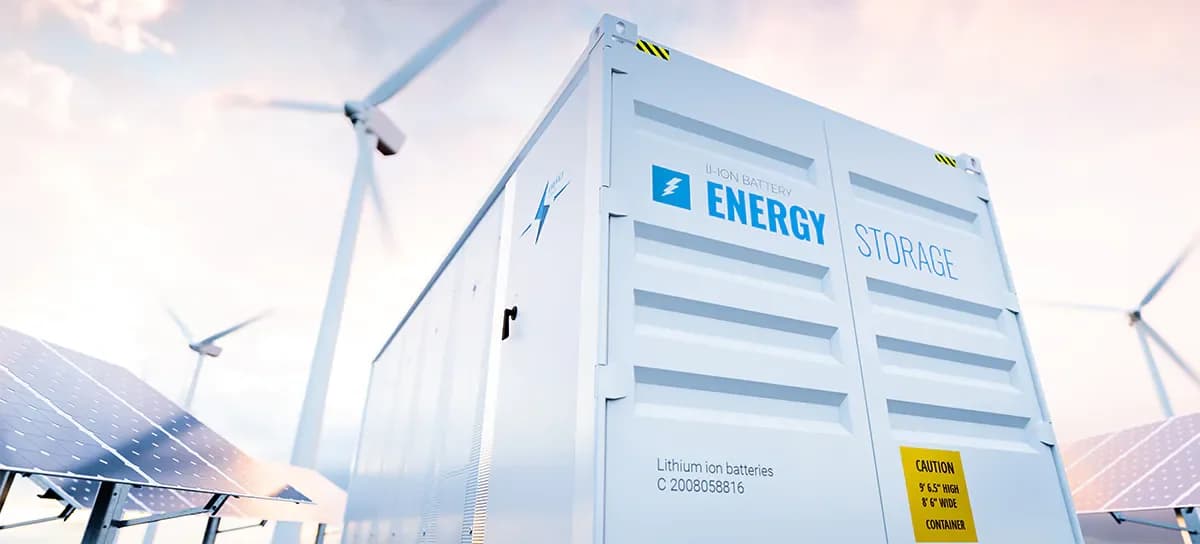 Energy storage shipping container on a solar and wind farm