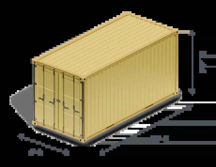 Diagram of a 20ft standard shipping container with external and internal dimensions labeled.