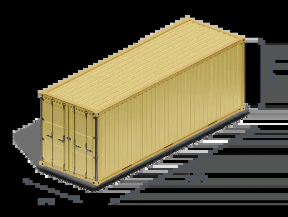Diagram of a 40ft standard shipping container with external and internal dimensions labeled.