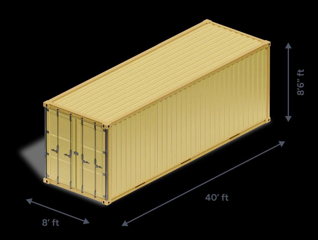 Diagram of a 40ft standard shipping container with its external dimensions