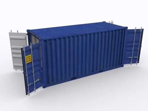 Blue double-door shipping container with both end doors open