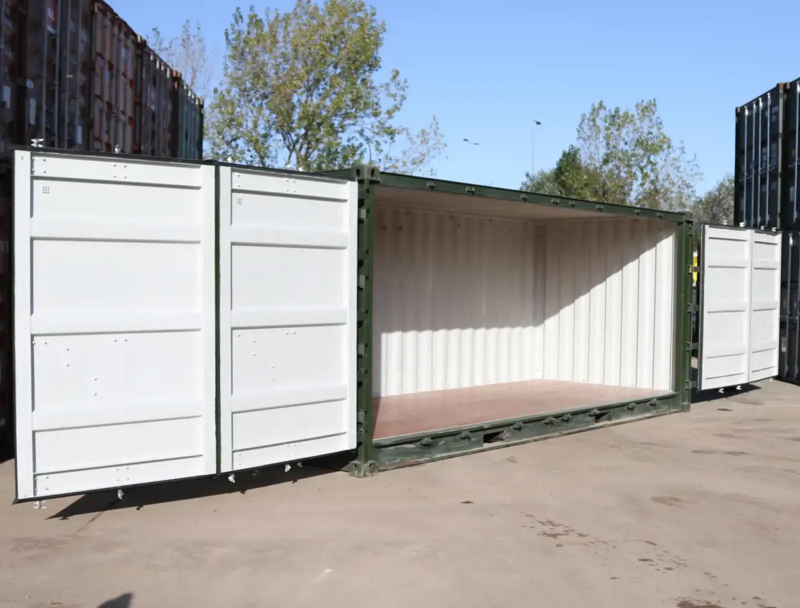 Open-side container in a yard, side doors open