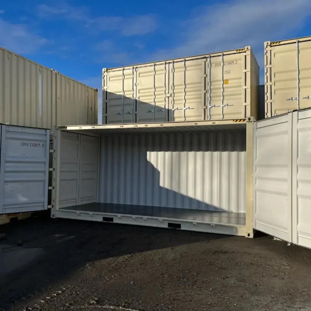 Open-side container used as an outdoor workshop