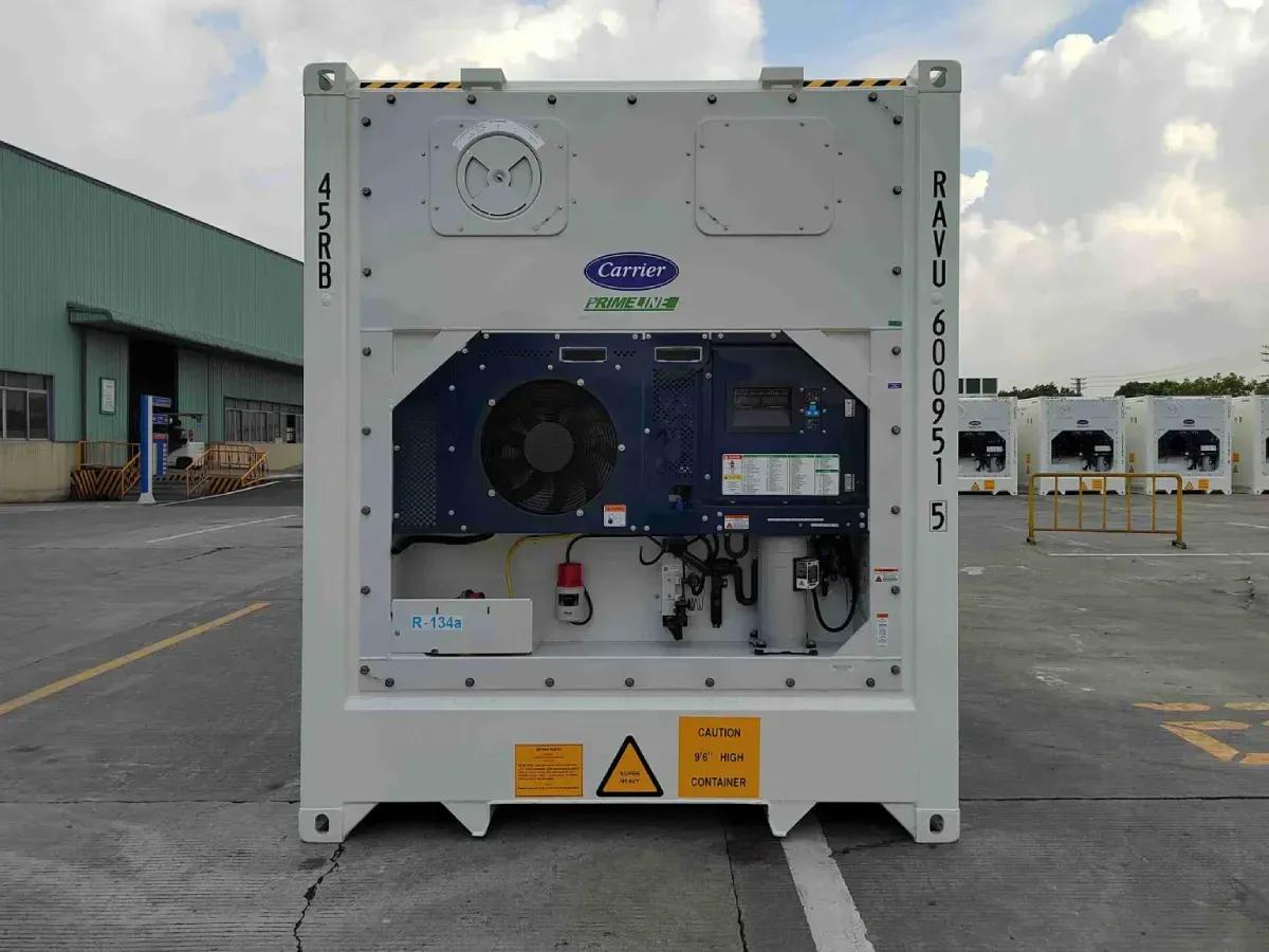 Side view of a white reefer container