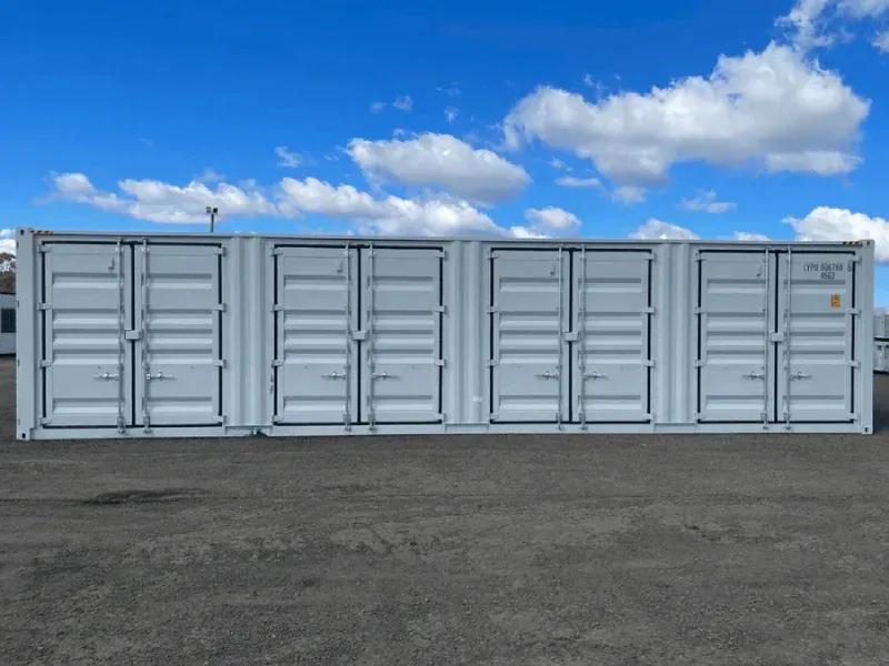 Side-door shipping container with one side door open