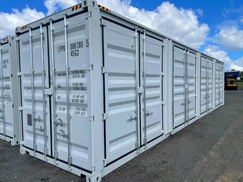 Side-door container with doors open in a yard