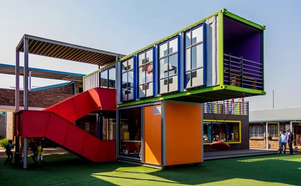 Multi-story shipping container school complex with vibrant colors and stairs