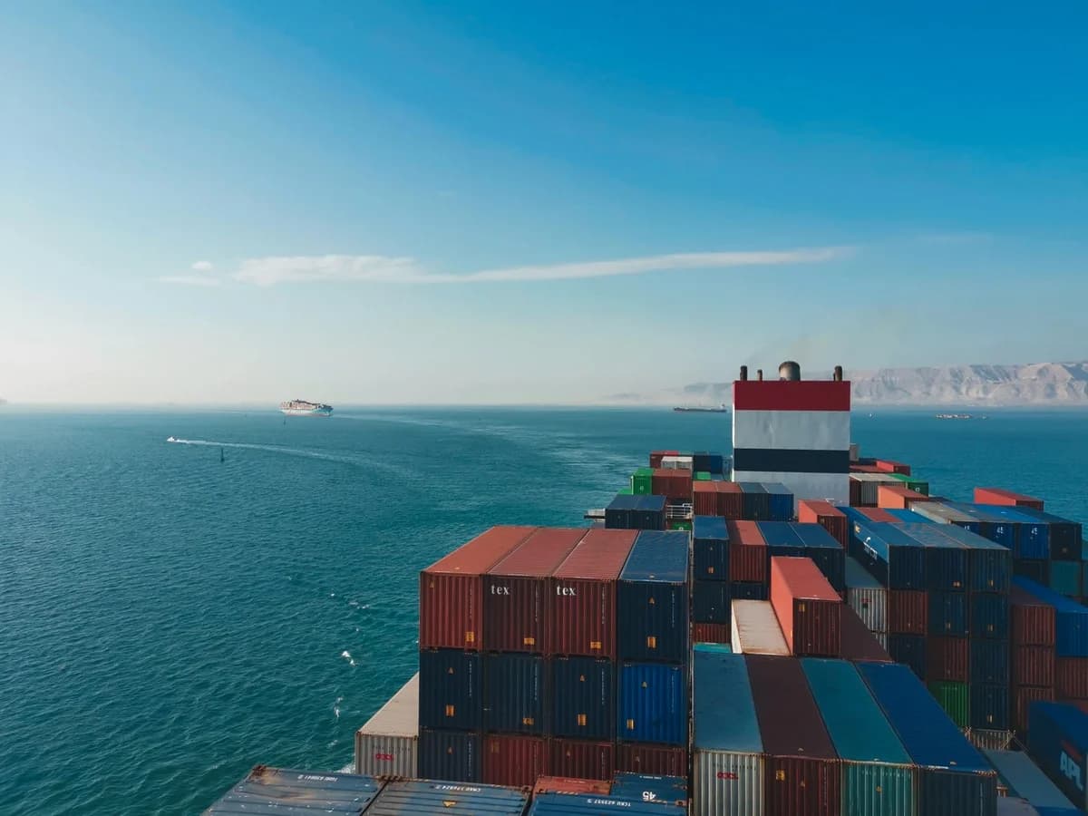 Aerial top-down view of a fully loaded container ship
