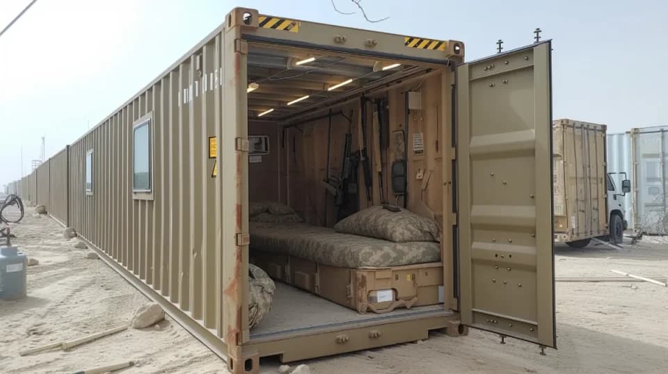 Tan shipping container with rooftop AC unit, fitted out as mobile military housing