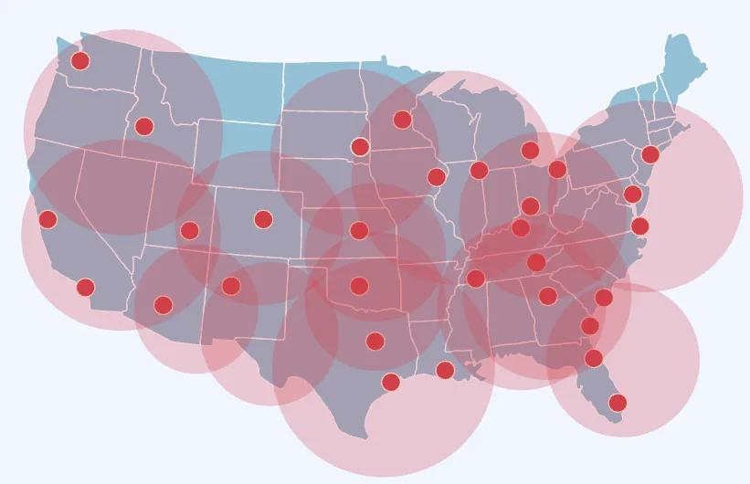 Map of the United States with the major markets Boxhub delivers to