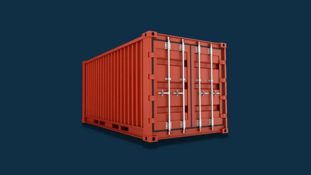 A red one-trip shipping container on a blue background.
